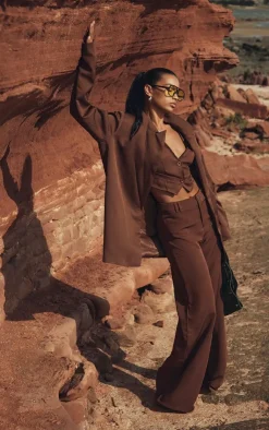 PrettyLittleThing Woven Double Belt Loop Suit Pants Chocolate Brown