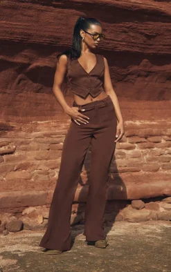PrettyLittleThing Woven Double Belt Loop Suit Pants Chocolate Brown