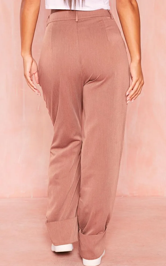 Chocolate Brown Woven Oversized Turn Up Hem Straight Leg Pants