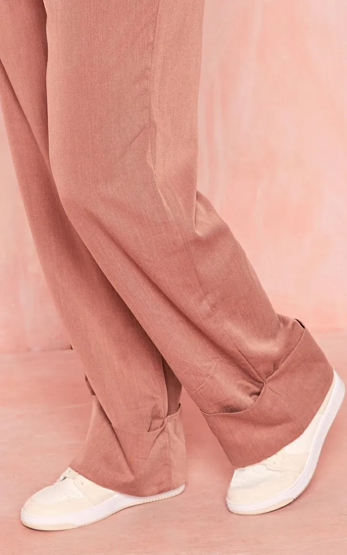Chocolate Brown Woven Oversized Turn Up Hem Straight Leg Pants