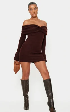 Brushed Rib Bardot Long Sleeve Bodycon Dress-PrettyLittleThing Discount