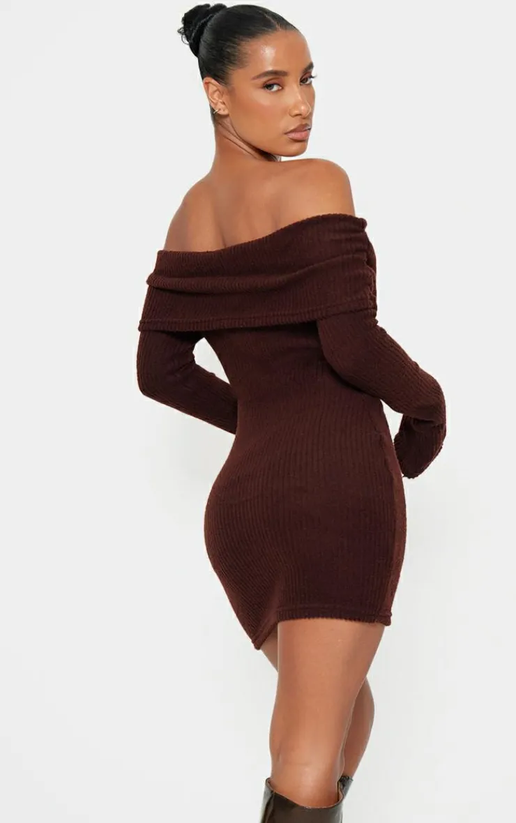Brushed Rib Bardot Long Sleeve Bodycon Dress-PrettyLittleThing Discount