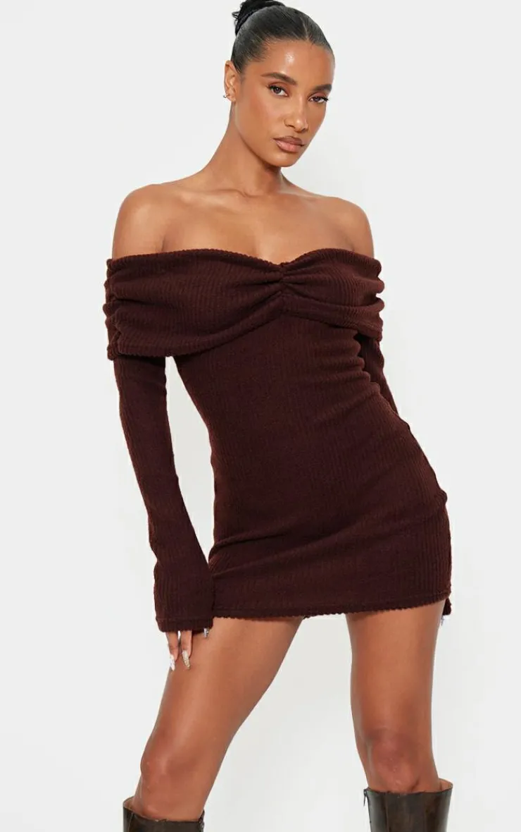 Brushed Rib Bardot Long Sleeve Bodycon Dress-PrettyLittleThing Discount