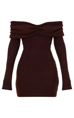 Brushed Rib Bardot Long Sleeve Bodycon Dress-PrettyLittleThing Discount