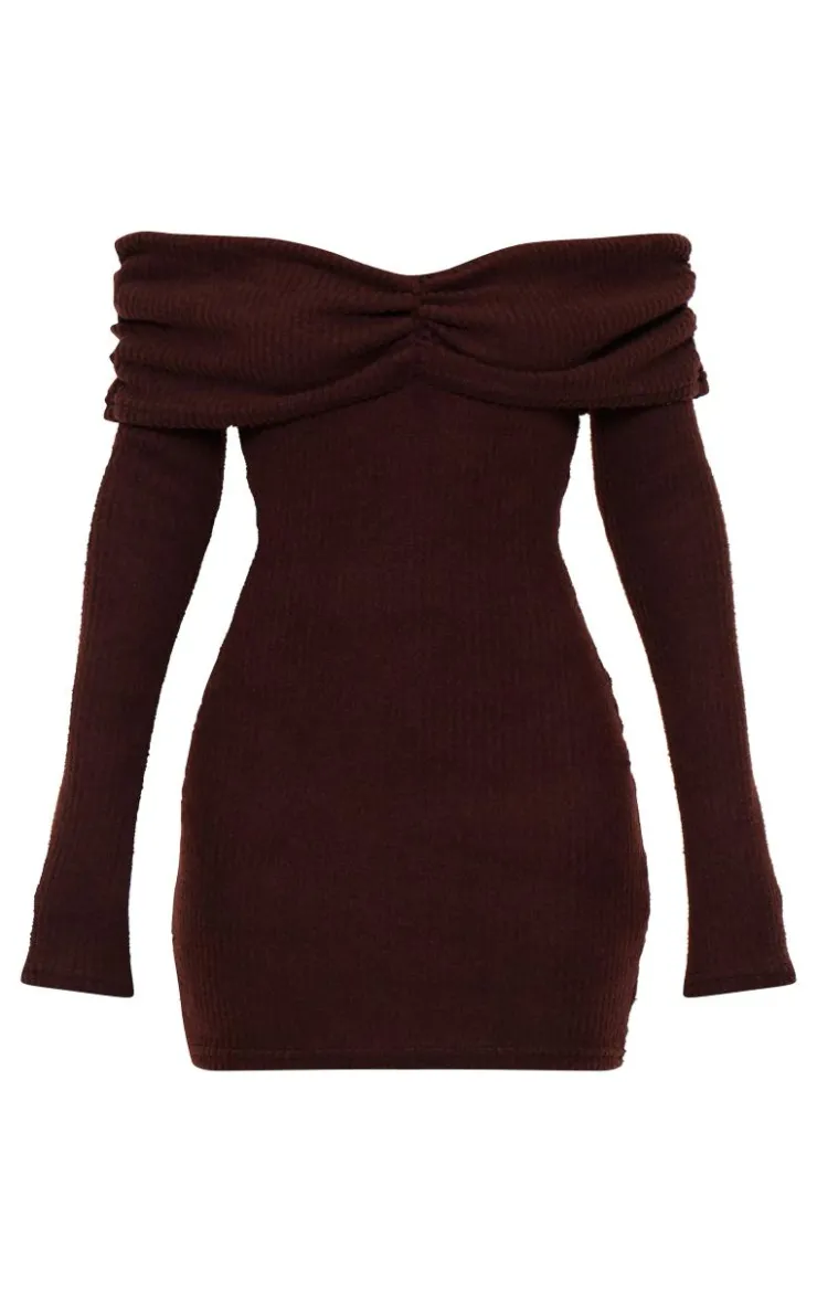 Brushed Rib Bardot Long Sleeve Bodycon Dress-PrettyLittleThing Discount