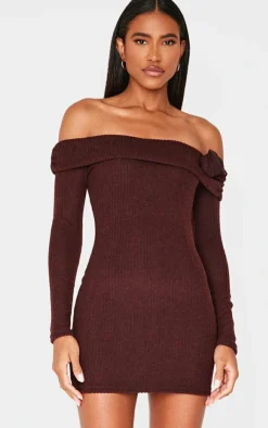 Brushed Rib Fold Over Bardot Corsage Detail Bodycon Dress-PrettyLittleThing Clearance