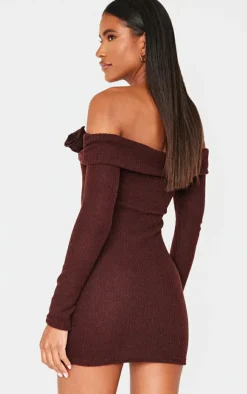 Brushed Rib Fold Over Bardot Corsage Detail Bodycon Dress-PrettyLittleThing Clearance