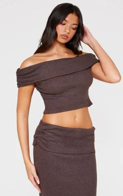 Clearance PrettyLittleThing Brushed Rib Off The Shoulder Longline Top Chocolate