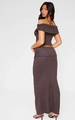 Clearance PrettyLittleThing Brushed Rib Off The Shoulder Longline Top Chocolate
