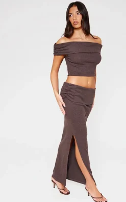 Clearance PrettyLittleThing Brushed Rib Off The Shoulder Longline Top Chocolate