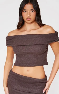 Clearance PrettyLittleThing Brushed Rib Off The Shoulder Longline Top Chocolate
