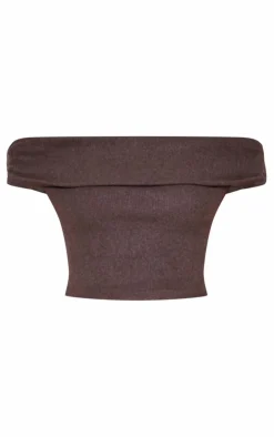 Clearance PrettyLittleThing Brushed Rib Off The Shoulder Longline Top Chocolate