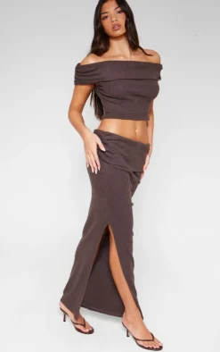Outlet PrettyLittleThing Brushed Rib Ruched Detail Foldover Maxi Skirt Chocolate
