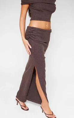 Outlet PrettyLittleThing Brushed Rib Ruched Detail Foldover Maxi Skirt Chocolate
