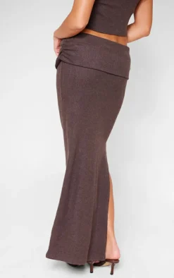 Outlet PrettyLittleThing Brushed Rib Ruched Detail Foldover Maxi Skirt Chocolate