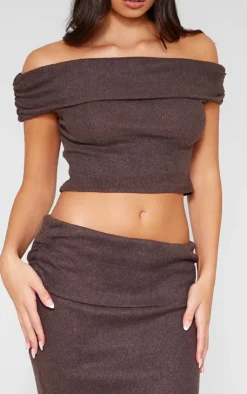 Outlet PrettyLittleThing Brushed Rib Ruched Detail Foldover Maxi Skirt Chocolate