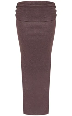 Outlet PrettyLittleThing Brushed Rib Ruched Detail Foldover Maxi Skirt Chocolate
