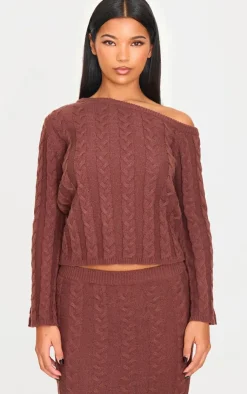 Best PrettyLittleThing Cable Knit Asymmetric Neckline Oversized Sweater Chocolate