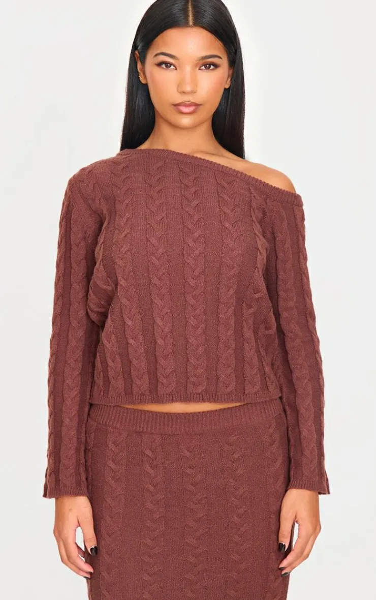 Best PrettyLittleThing Cable Knit Asymmetric Neckline Oversized Sweater Chocolate