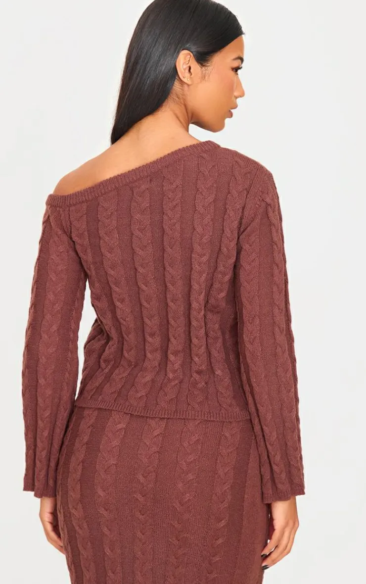 Best PrettyLittleThing Cable Knit Asymmetric Neckline Oversized Sweater Chocolate