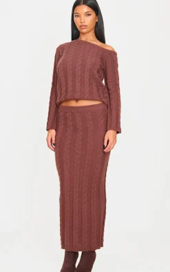 Best PrettyLittleThing Cable Knit Asymmetric Neckline Oversized Sweater Chocolate