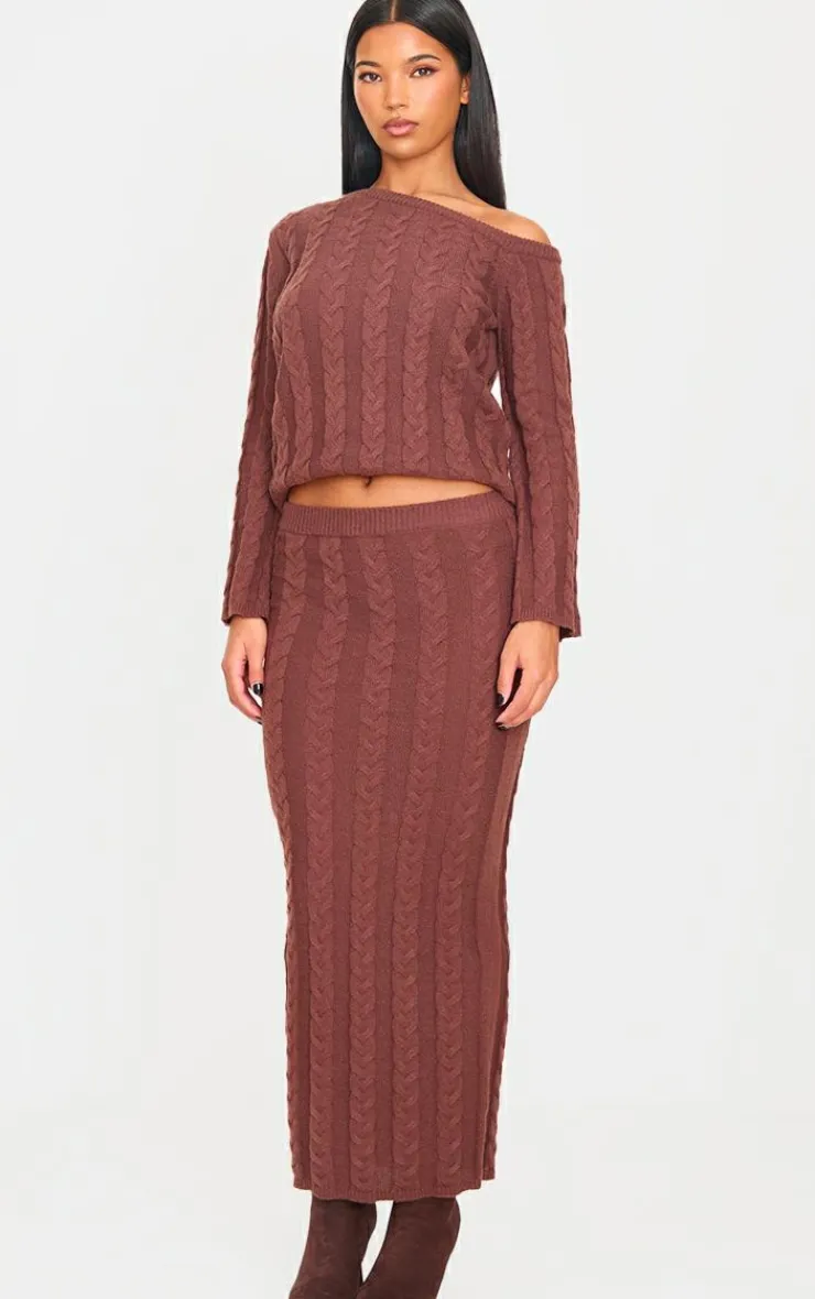 Best PrettyLittleThing Cable Knit Asymmetric Neckline Oversized Sweater Chocolate