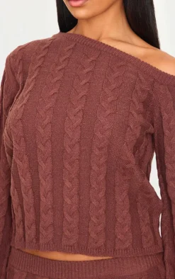 Best PrettyLittleThing Cable Knit Asymmetric Neckline Oversized Sweater Chocolate
