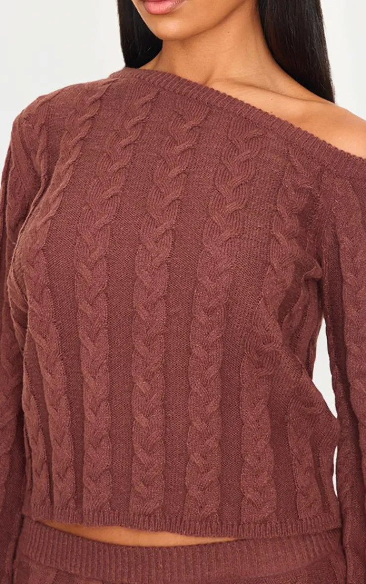 Best PrettyLittleThing Cable Knit Asymmetric Neckline Oversized Sweater Chocolate