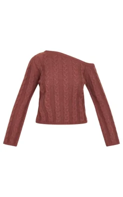 Best PrettyLittleThing Cable Knit Asymmetric Neckline Oversized Sweater Chocolate