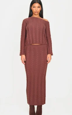 Hot PrettyLittleThing Cable Knit Maxi Skirt Chocolate