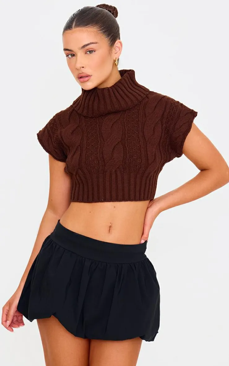 PrettyLittleThing Knitted Tops*Chocolate Cable Knit Roll Neck Cap Sleeve Cropped Vest