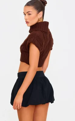 PrettyLittleThing Knitted Tops*Chocolate Cable Knit Roll Neck Cap Sleeve Cropped Vest