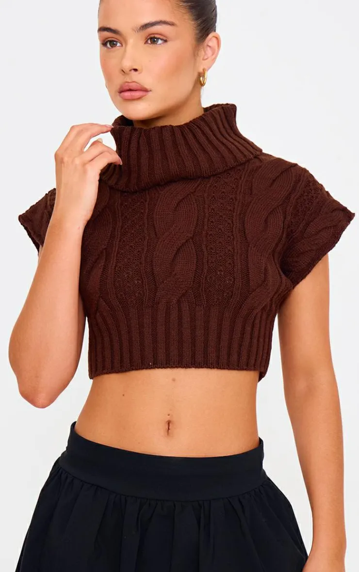 PrettyLittleThing Knitted Tops*Chocolate Cable Knit Roll Neck Cap Sleeve Cropped Vest