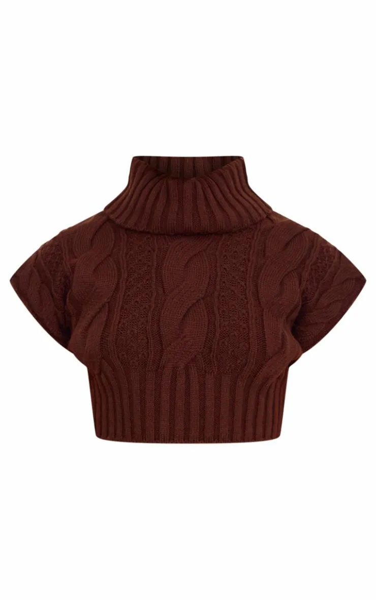 PrettyLittleThing Knitted Tops*Chocolate Cable Knit Roll Neck Cap Sleeve Cropped Vest