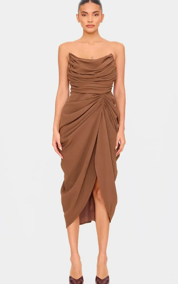 Chocolate Chiffon Corset Bandeau Draped Midi Dress-PrettyLittleThing Best