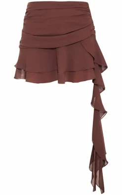 PrettyLittleThing Chiffon Ruffled Draped Detail Mini Skirt Chocolate