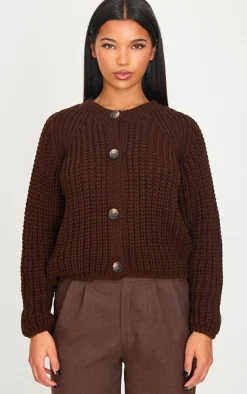 PrettyLittleThing Cardigans*Chocolate Chunky Cable Knit Button Up Cardigan