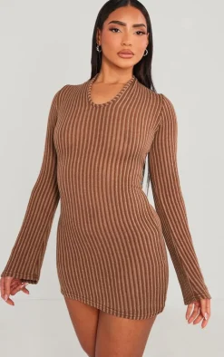 Contrast Ribbed Open Back Long Sleeve Mini Dress-PrettyLittleThing Online