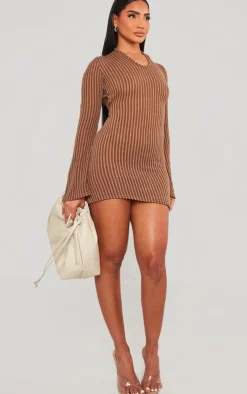 Contrast Ribbed Open Back Long Sleeve Mini Dress-PrettyLittleThing Online
