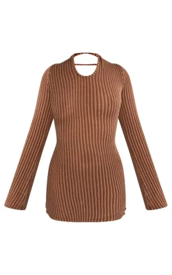 Contrast Ribbed Open Back Long Sleeve Mini Dress-PrettyLittleThing Online