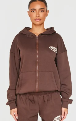 PrettyLittleThing Contrast Studio Archives Embroidered Zip Through Hoodie Chocolate