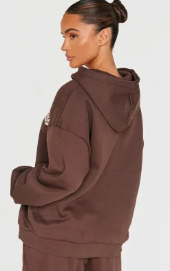 PrettyLittleThing Contrast Studio Archives Embroidered Zip Through Hoodie Chocolate