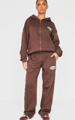 PrettyLittleThing Contrast Studio Archives Embroidered Zip Through Hoodie Chocolate