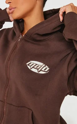 PrettyLittleThing Contrast Studio Archives Embroidered Zip Through Hoodie Chocolate