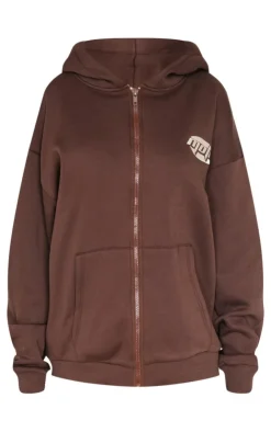 PrettyLittleThing Contrast Studio Archives Embroidered Zip Through Hoodie Chocolate
