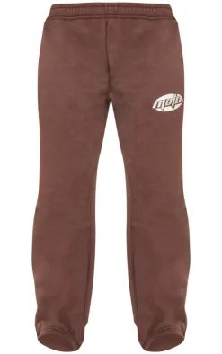 Clearance PrettyLittleThing Contrast Studio Archives Embroidered Wide Leg Sweatpants Chocolate