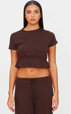 Outlet PrettyLittleThing Cotton Ruched Detail Crop Top Chocolate