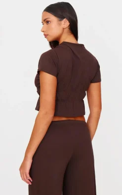 Outlet PrettyLittleThing Cotton Ruched Detail Crop Top Chocolate