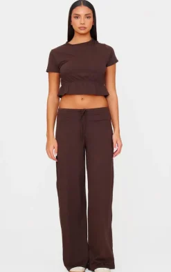 Outlet PrettyLittleThing Cotton Ruched Detail Crop Top Chocolate