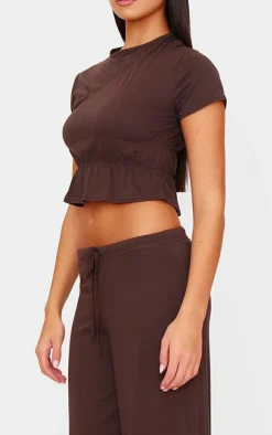 Outlet PrettyLittleThing Cotton Ruched Detail Crop Top Chocolate